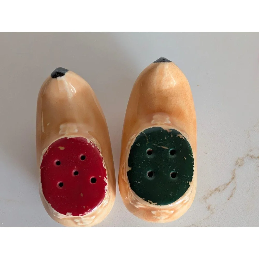 Vintage Dutch Wooden Shoe Salt and Pepper Shakers Ceramic Clogs Tan Red Green